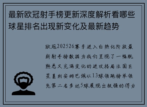 最新欧冠射手榜更新深度解析看哪些球星排名出现新变化及最新趋势 最新欧冠射手榜更新深度解析看哪些球星排名出现新变化及最新趋势